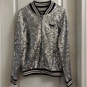 VTG Victoria's Secret PINK P Silver Sequin Varsity Bomber Jacket Bling Rare S